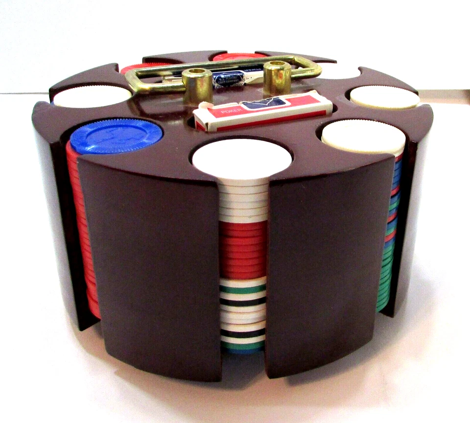 Conjunto de fichas de pôquer giratórias antigas raras de madeira maciça jogando jogos de azar 7+ lb - Imagem 3 de 3