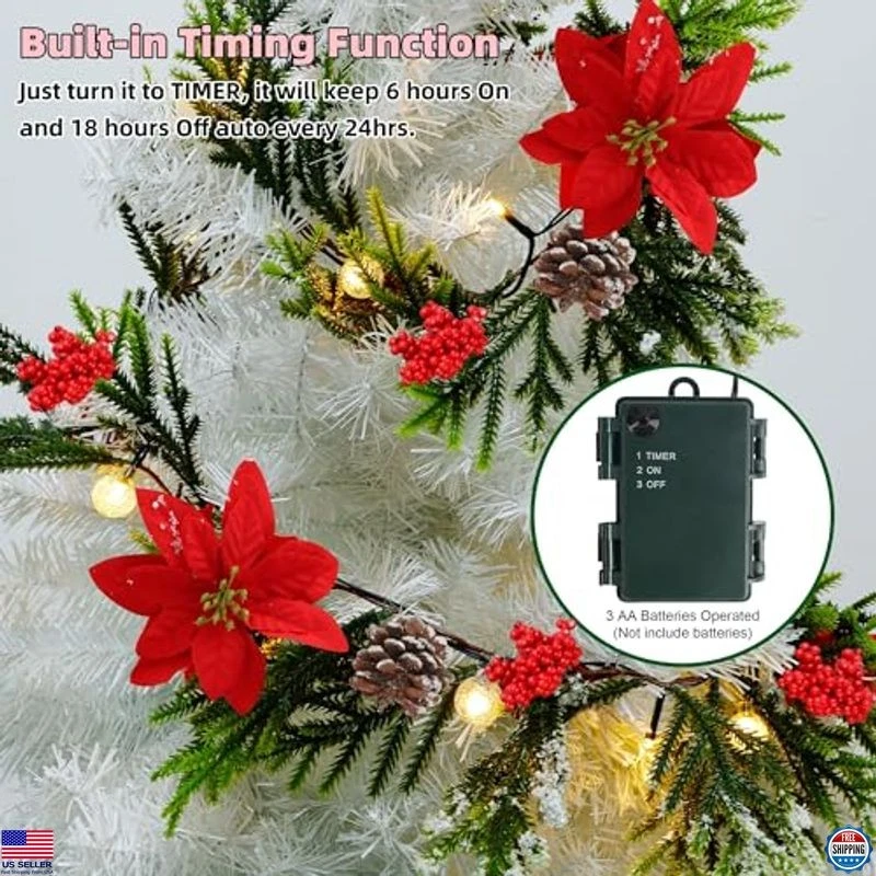 2 Pack 9' Pre-lit Flocked Christmas Garland with Poinsettia, Timer & Battery - Image 4 of 4