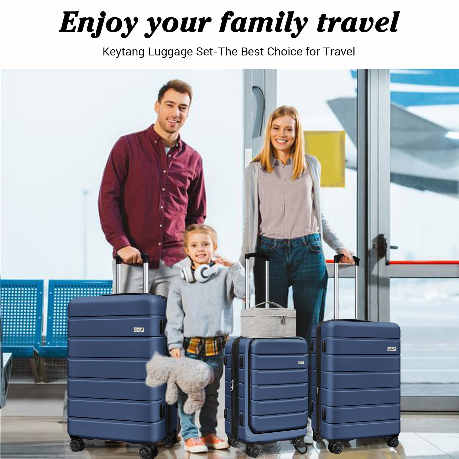 Keytang SmileLine Lightweight Hardside Luggage 3PC Set,Bonus Makeup Bag,Navy