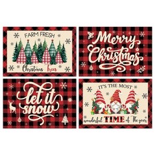 Christmas Placemats Set of 4, Gnomes Themed Decoration, Washable Dining Table Ma