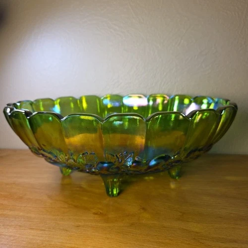 Large Vintage Carnival Green Footed Indiana Glass Fruit Bowl 12" x 8.5" x 4.5"