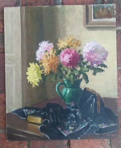 signed P POIT  French still life oil on board 45 x 55cm