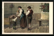 Cartolina d'artista E. Döcker: Famiglia felice in stube con crocifisso e stufa in maiolica 