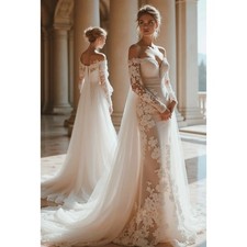 Vintage Boho Wedding Dresses Lace Long Sleeves Tulle With Champagne Lining Gowns