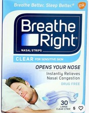 Breathe Right Nasal Strips Clear For Sensitive Skin Large Drug-Free 30 Ct 6 Pack