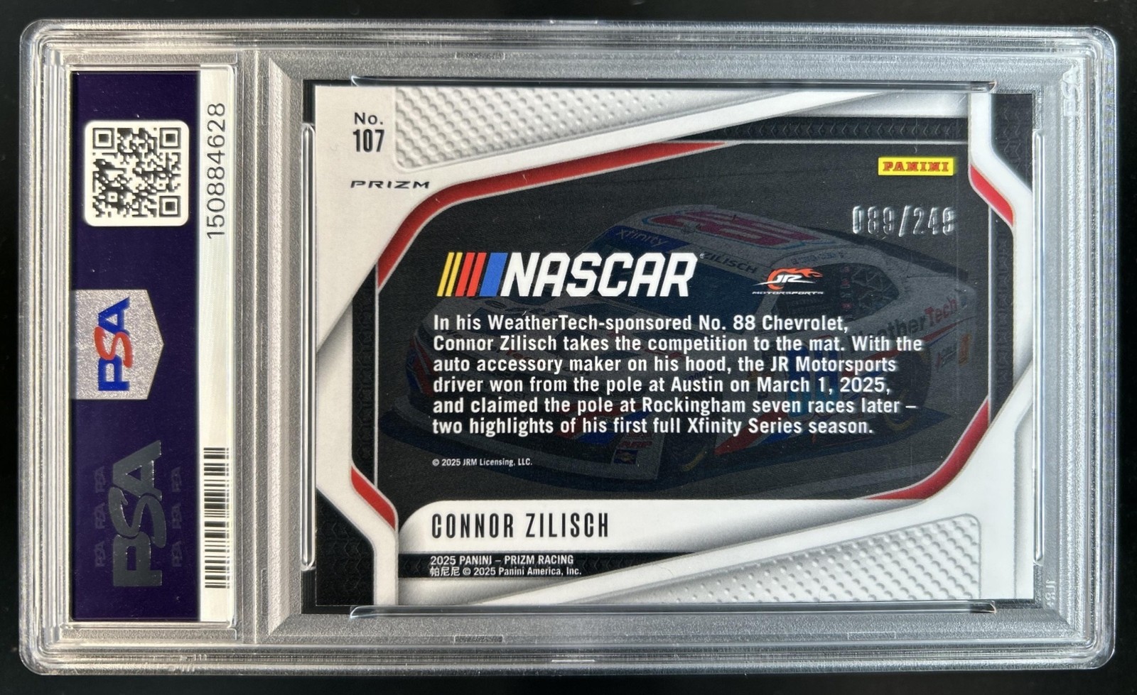 2025 Panini Prizm NASCAR Connor Zilisch Rides RC Red Prizm Rookie #/249 PSA 10 view 2