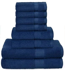 8-Piece 100% Cotton Towel Set by - 2 Bath 2 Hand 4 Washcloths in Navy Blue