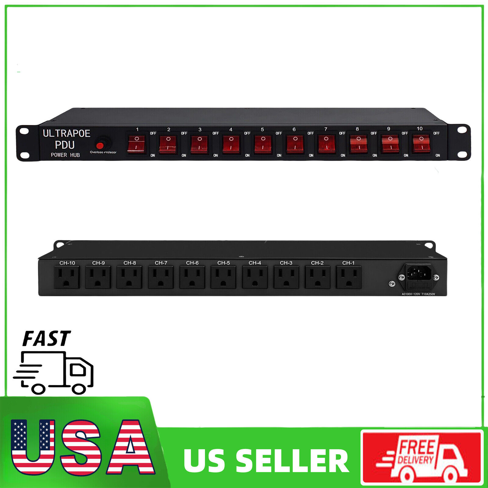 UltraPoE 1U Rack PDU Power Strip 15 A 10 Outlet Surge Protector，10 Front Switch