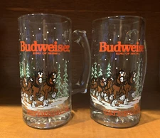 Budweiser Beer Stein Mug Vintage Pair Glass Clydesdales Horses Christmas Bud
