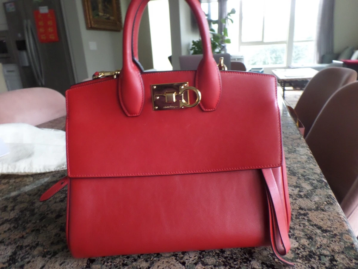 NWT SALVATORE FERRAGAMO Calfskin Studio Top handle Bag Red w/long handle ITALY