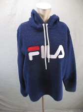 FILA Size L Womens Blue Cotton Blend Drawstring Teddy Fleece Athletic Hoodie 989