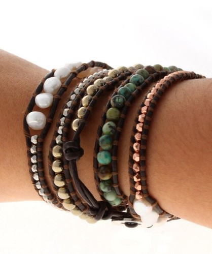 Wrap around bracelet. Jasper, pearl , metallic, multi size beads on leather - 第 2/2 張圖片