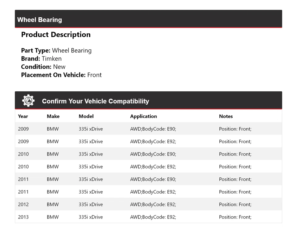 Cojinete de rueda delantero Timken 2010 2011 2012 para BMW 335i xDrive 2009-2013 AWD Foto 2 de 4