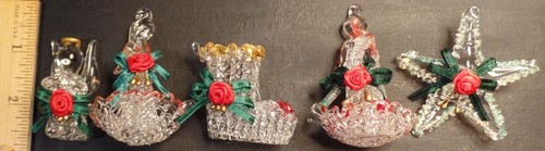 Hand Blown Spun Glass Set Of 6 Assorted Mini Christmas Tree Ornaments Gold Trim - Picture 3 of 11