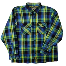 Drop Em Wear Button-Down Flannel Mens XL Plaid Pockets Blue Yellow Green