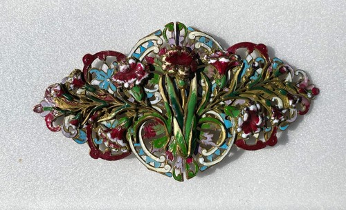 Antique Vintage HUGE Art Nouveau Enamel Brass Belt Buckle Multi Color Flowers EX - Afbeelding 14 van 15