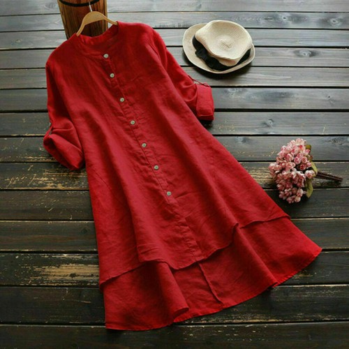 Túnica Prendas para el torso Botones Mangas de lino Largas Mujeres Blusa Informal Camisa Larga - Imagen 10 de 19