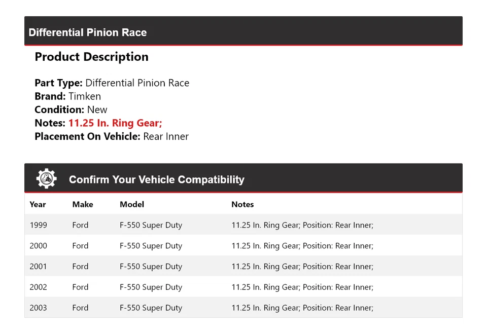 Piñón diferencial carrera interior trasero Timken para Ford F-550 Super Duty 1999-2003 Foto 2 de 4