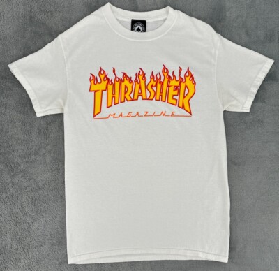 Thrasher Magazine T-Shirt Mens Small Flame Logo White Skater Retro Graphic Tee