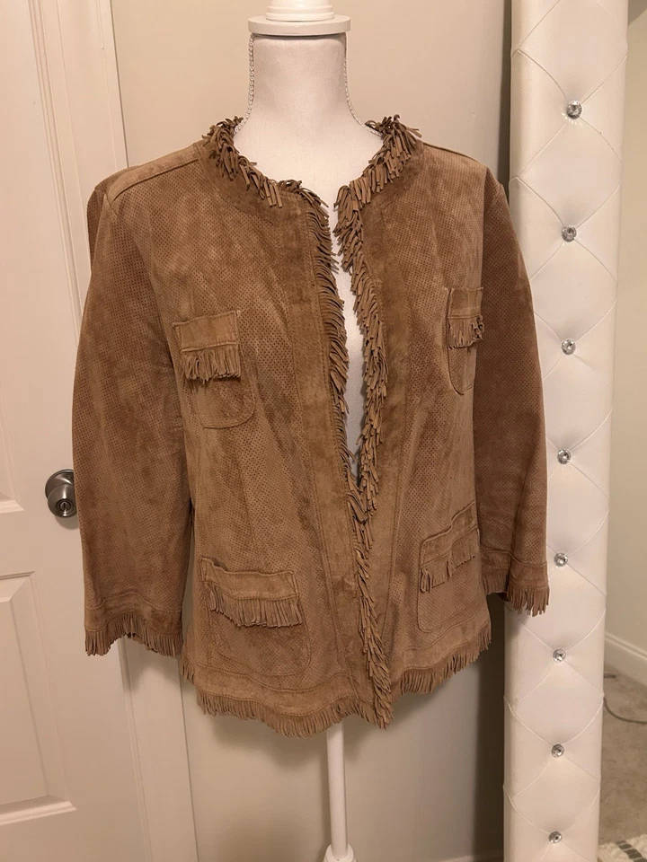 Chaqueta de cuero de gamuza Chicos flecos grandes castaño manga 3/4 occidental genial Foto 4 de 4