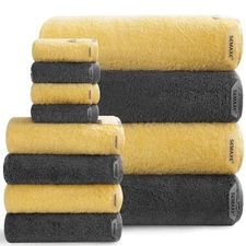  12-Piece Mixed Color Towel Set (Yellow, Towel Set - 12Pc A01: Yellow & Grey
