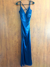Windsor Blue Satin V-Neck Strappy Lace-Up Back Maxi Gown Dress Size S
