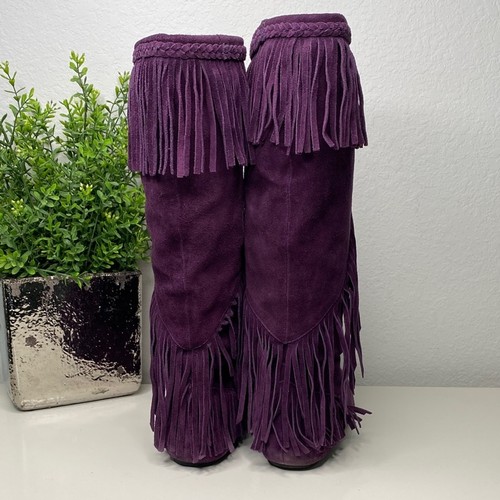 Sam Edelman Utah Purple Fringe Knee-High Slip On Suede Moccasin Boots Size 9 - Picture 6 of 13