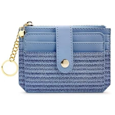  Slim Card Wallet with Keychain, Women's Small Bifold ID Holder with Blue