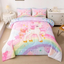 Unicorn Girls Bedding Set Twin Rainbow Kids Pink Unicorn Comforter Set Kawaii...