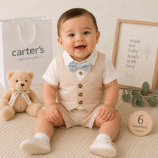 CARTERS Baby Boys New 4 Pc Outfit Set Vest Shorts Romper 6M Beige White