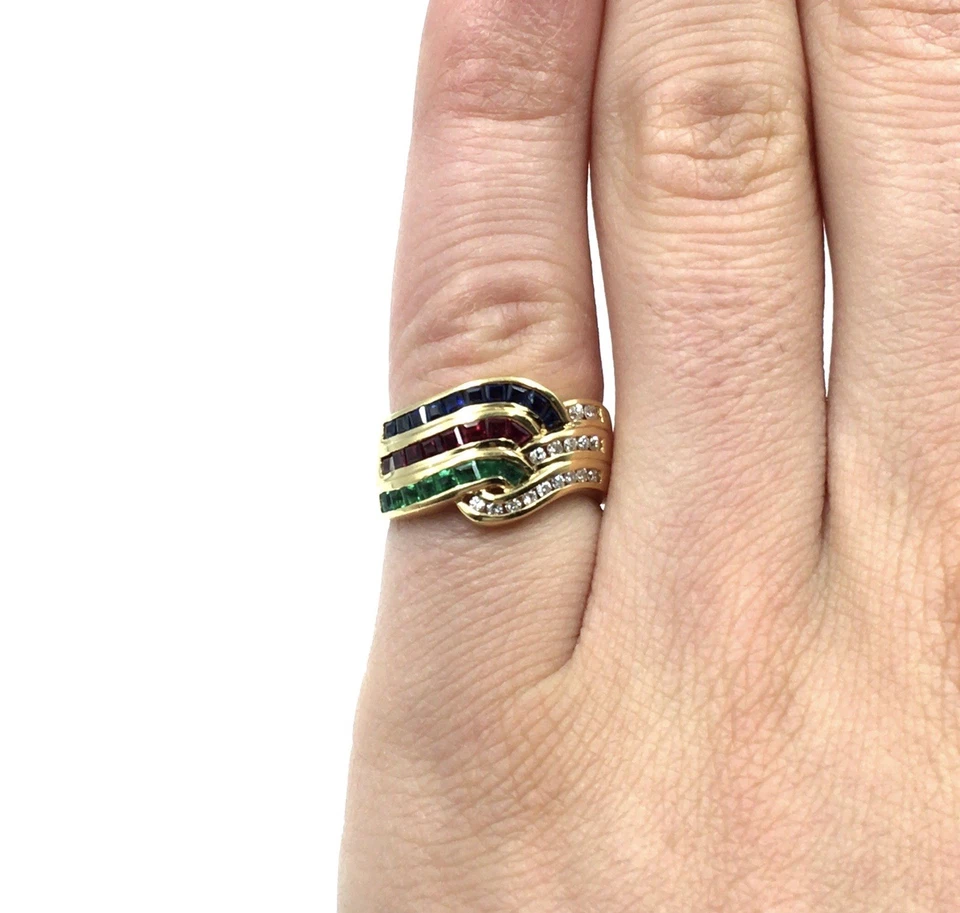 Anello in oro giallo 18 kt multicolore oro 750 gioiello smeraldo rubino... - Immagine 2 di 4