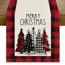 Christmas Trees Table Runner 13x72 Inch Red Black Buffalo Plaid Holiday Decor