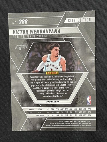 Victor Wembanyama 2024-25 Panini Mosaico Edición Ciudad Plata Prizm #288 - Imagen 2 de 2