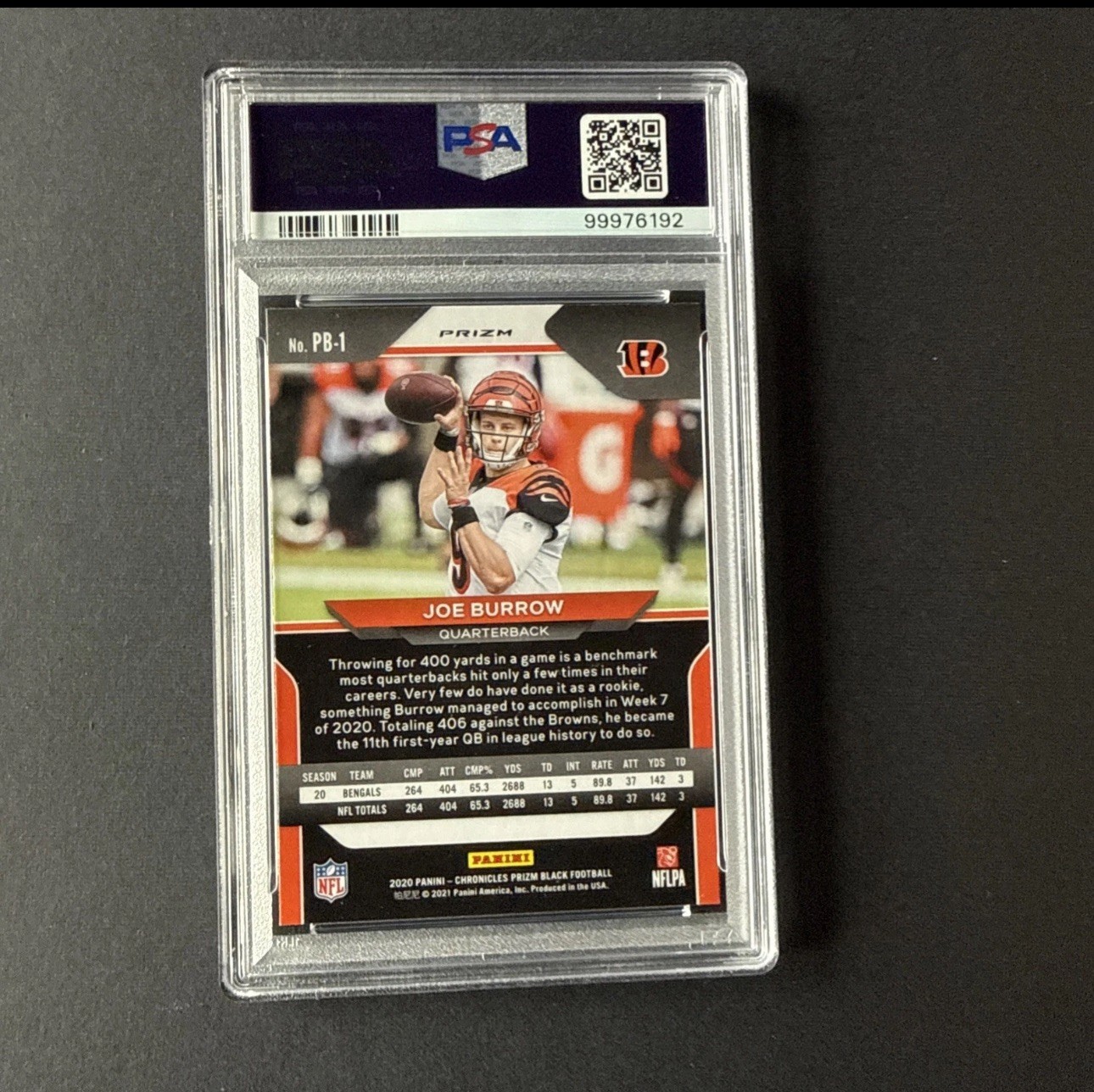 2020 Panini Chronicles Joe Burrow Prizm Black-Silver (RC) PSA 10 Bengals view 2