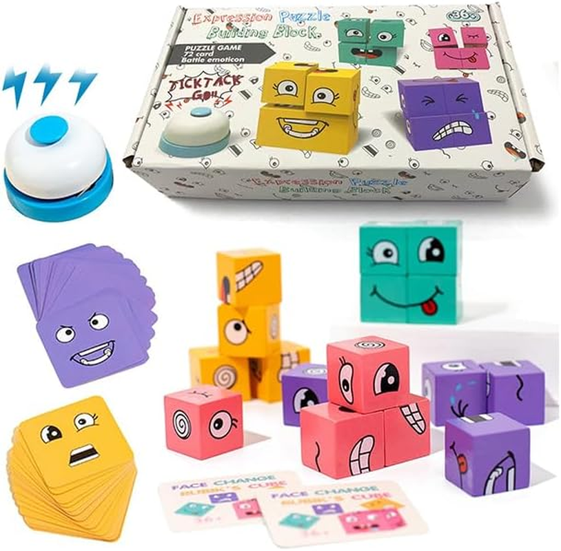 Face Changing Magic Cube Game,Wooden 3D Puzzle Face Changing Cube Game with Bell