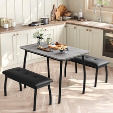 3 Piece Dining Table Set Benches Kitchen Breakfast Studio home Upholstered Grey