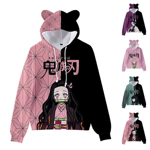 Felpa con cappuccio ragazza Demon Slayer anime pullover carino orecchie di gatto pulloverר