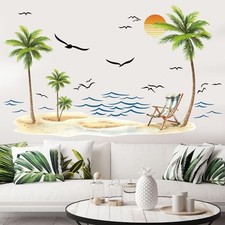 Wall Decals Watercolor Tropical Sea Waves Seagull Wall Stickers Peel Palm Tree