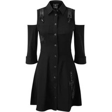 Killstar Paranormal Shirt Dress Black Cold Shoulder Mini Goth Emo Punk Patch M