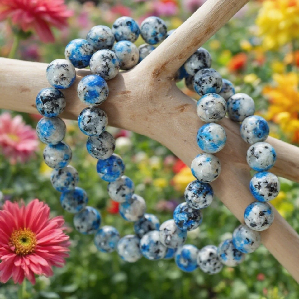 Brazalete elástico de piedras preciosas con cuentas de jaspe azurita natural K2 de 8 mm Foto 4 de 4