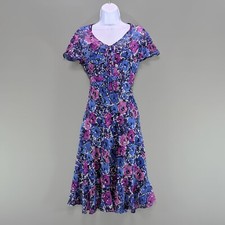 Kaliko Blue Purple Floral Chiffon Knee Length Tea Dress Frill Sleeve Lining 10