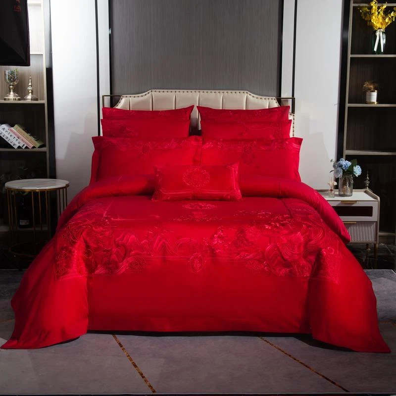 Chinese Wedding Red Bedding Set 6pcs Quilt Cover Flat Sheet 4 Pillow Shames Set - Image 2 of 4