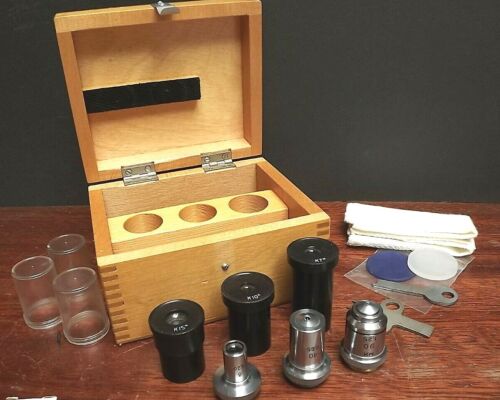 Microscope [ Lomo ] Biolam { Accessory Box } Eyepieces and Objectives { Wood Box - Picture 1 of 12