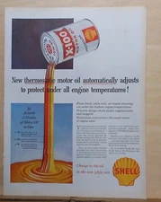 1957 magazine ad for Shell X-100 Oil - Thermostatic, three grades of oil in one