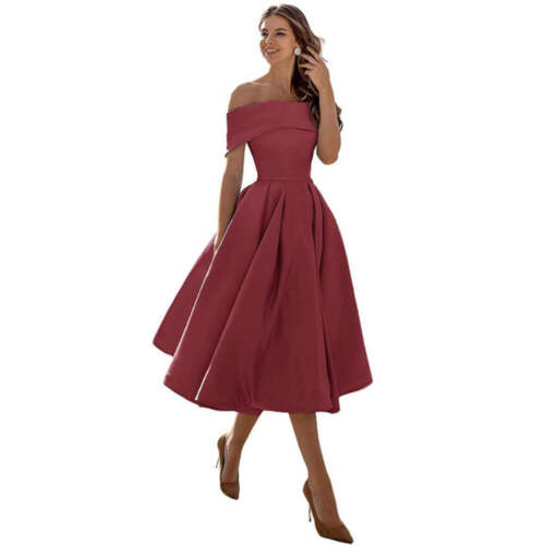 Women's Fashion Casual Strapless Satin Party Dress Off The Shoulder Tea Length S - Picture 20 of 106
