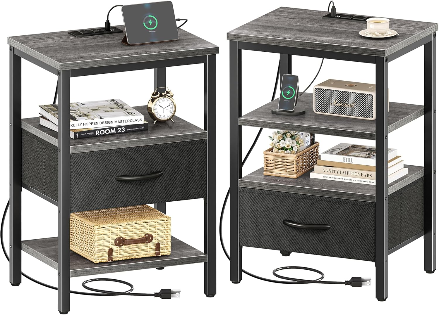 Nightstand Set of 2 with Charging Station and Adjustable Fabric Drawers-image