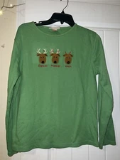 M&C sportswear green reindeer themed long sleeve shirt 3D fuzzy embroidered LG