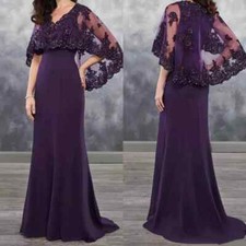Long Purple Mother of the Bride Dress with Cape Shawl Wrap Sparkly Sequins Lace