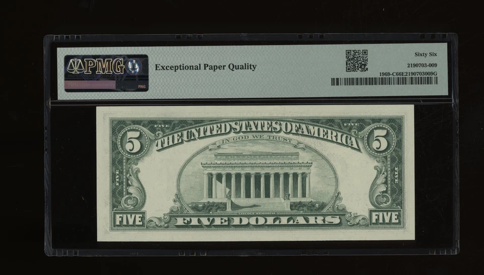 DBR 1969 $5 FRN Philadelphia Gem Fr. 1969-C PMG 66 EPQ Serial C27280109A - Image 2 of 2