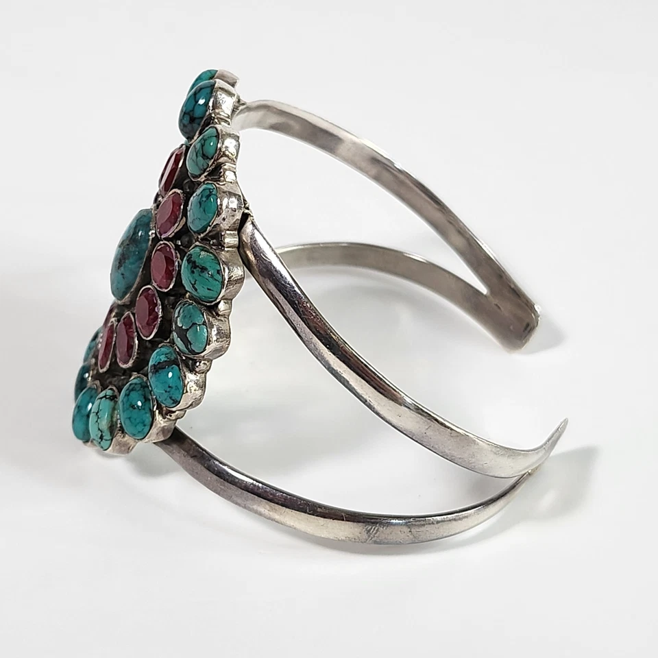 Vintage Sterling Silver Cluster SunBurst Turquoise & Ruby Cuff Bracelet - Image 4 of 4